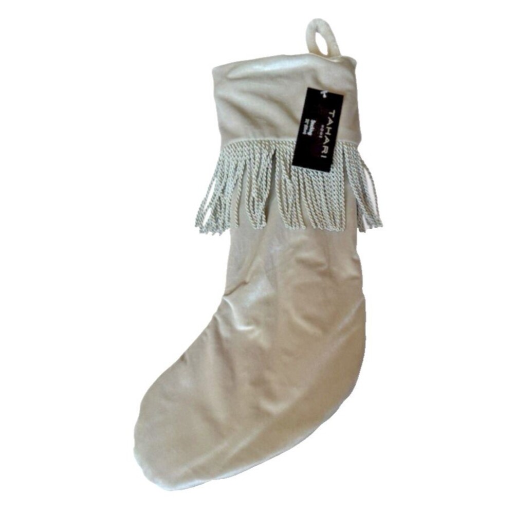 Tahari Home Gray Velvet Christmas Stocking Bullion Fringe Fleece Lined 22" Long